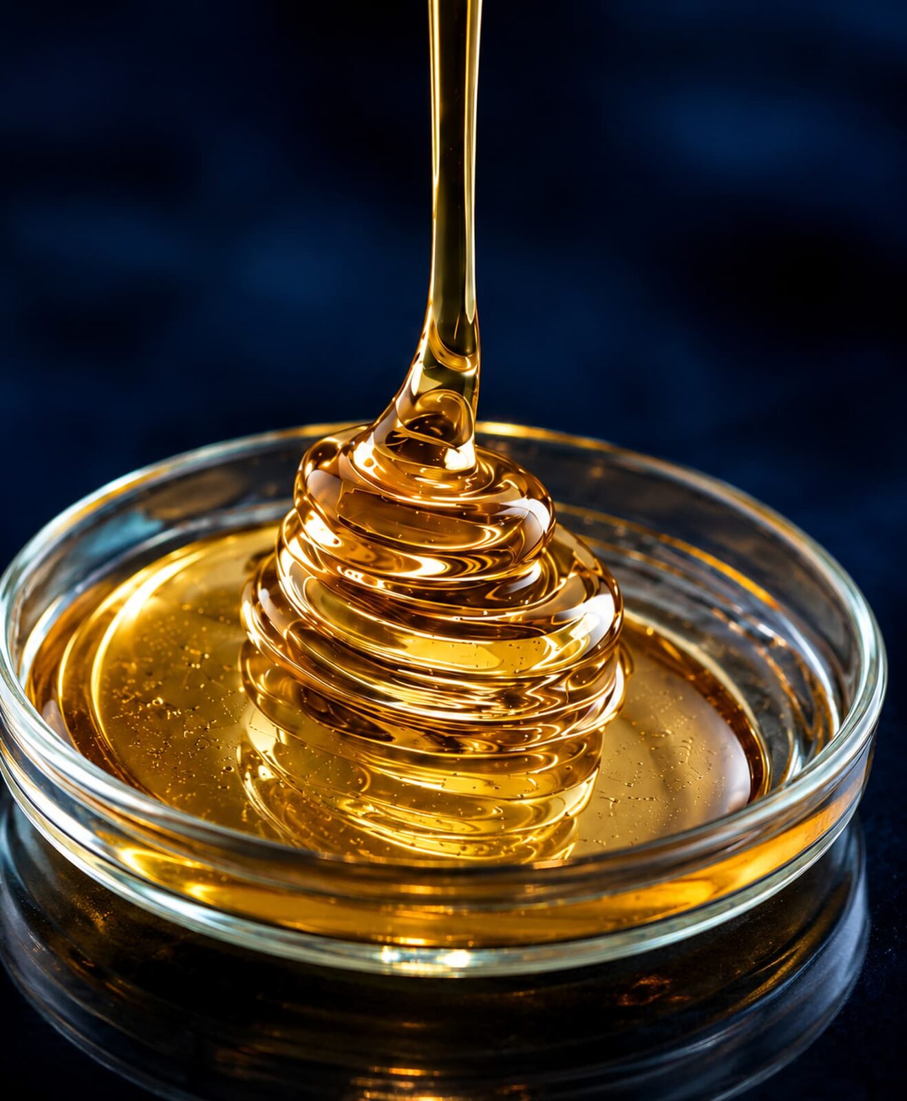 Amber cannabinoid distillate oil drawn in laboratory glassware